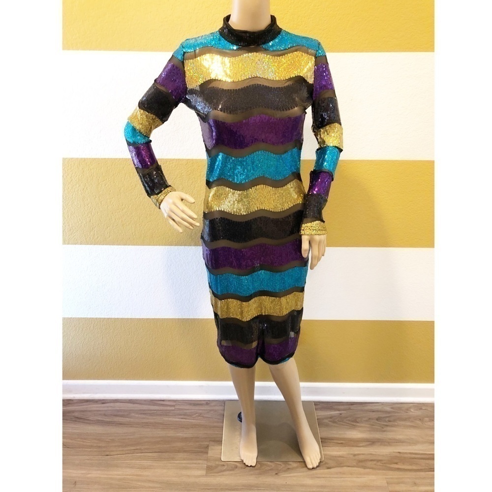 High Neck Colorful Striped Glitter Sexy Sequin Bodycon Clubwear Dress